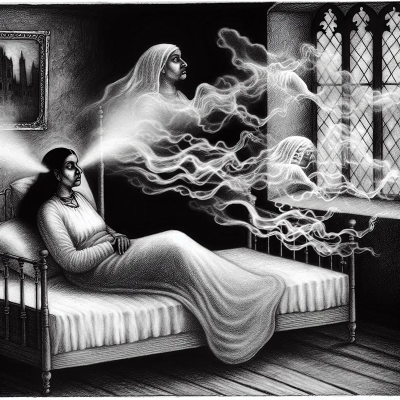 Een vrouw ligt in bed tussen slaap en wakker zijn, omgeven door een vage mist en schaduwen.