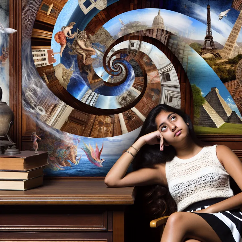 Jonge vrouw in houten studeerkamer omringd door surrealistische wereld van exotische landschappen en beroemde monumenten