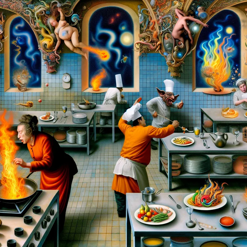 Surrealistische weergave van een drukke restaurantkeuken met een divers team van chefs die energiek verschillende gerechten bereiden.