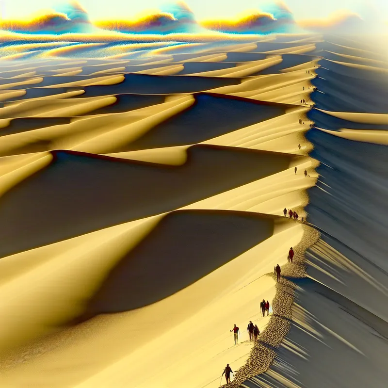 Hyperrealistisch surrealistisch landschap met smalle zandduinenrij en wandelaars in gouden licht, geïnspireerd op Carel Willink