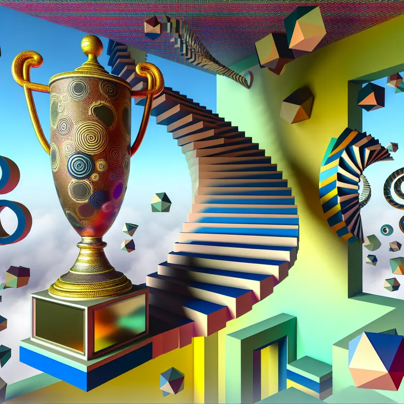 Surrealistisch geometrisch kunstwerk van een grote eerste prijs beker die 'belangrijk' symboliseert, omringd door zwevende vormen en onmogelijke trappen.