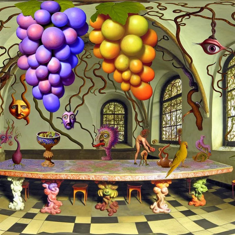 Surreëel tafereel met een buitenaardse eetzaal, featuring een grote, decoratieve tafel met kleurrijke nepgroepen, omringd door vreemde wezens en fantasierijke elementen.