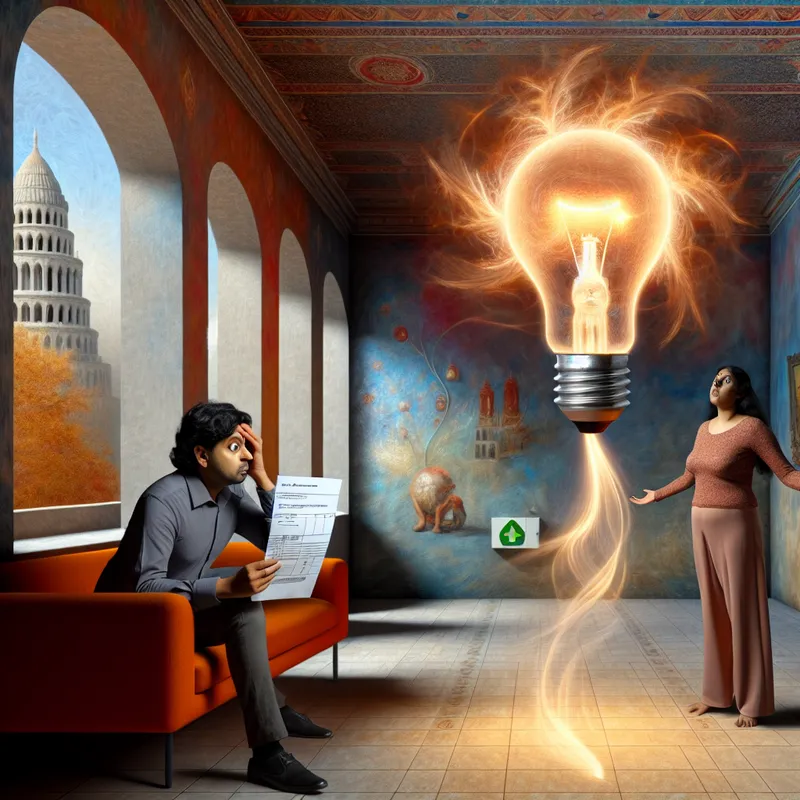 Surrealistische voorstelling van een persoon die geschokt een energierekening vasthoudt onder een zwevende, gloeiende lichtbol met zichtbare energiestromen in een moderne woonkamer