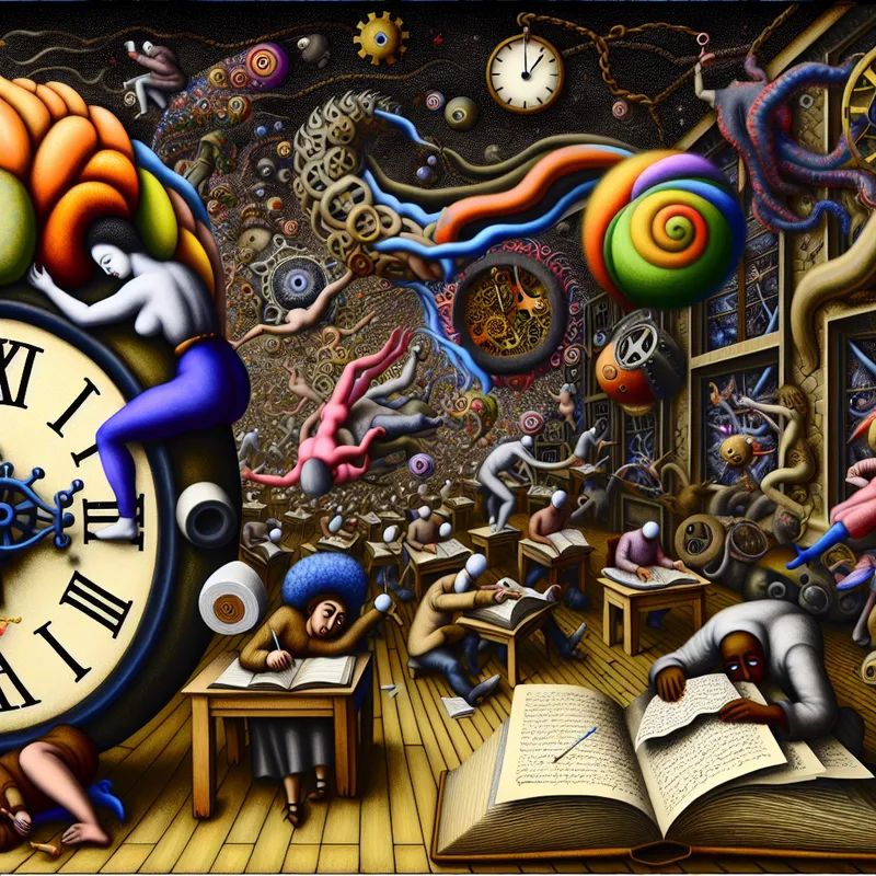 Surrealistisch examenruimte met studenten en bizarre wezens, die het concept van inspanning en studeren voor het examen illustreren.