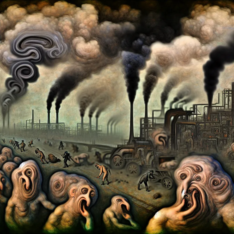 Surrealistische fabrieksscène met groteske wezens die distressed kijken naar vervuilde lucht en rook