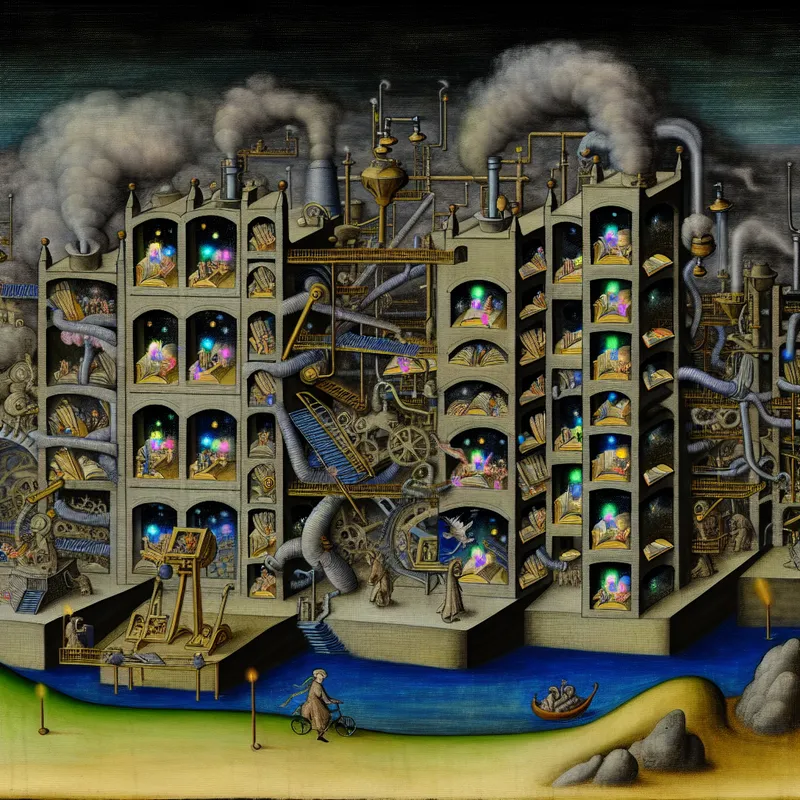 Surrealistisch fabrieksschoolgebouw in de stijl van Jheronimus Bosch, waar studenten als glanzende afgestudeerden van een lopende band rollen, symbool voor een productieve onderwijsinstelling