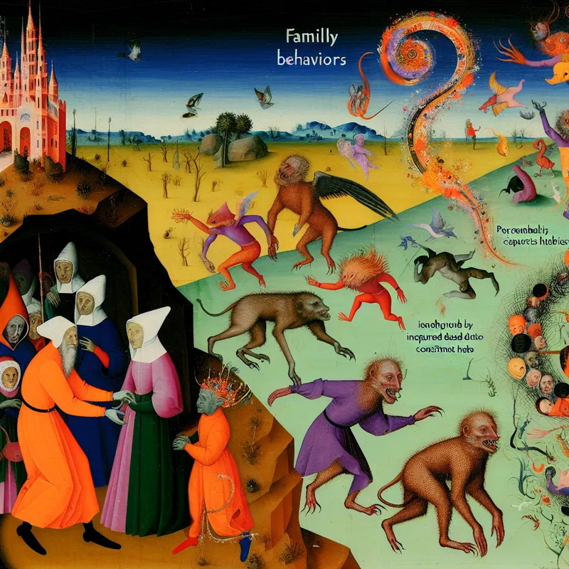 Surrealistische afbeelding van een gezinsbijeenkomst waarbij bizarre wezens verschillende gewoonten en identiteiten symboliseren