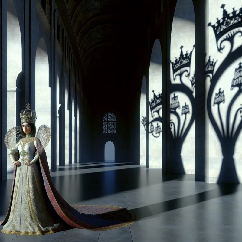 Jonge vrouw in koninklijke kleding met een surrealistisch familiestamboom dat uit haar schaduw groeit, symboliserend voor afkomst en erfelijke talenten