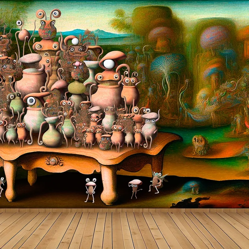 Een surrealistisch tafereel met een kleurrijke tafel vol bizarre en schattige 'farootjes', kleine fantasiewezen in een droomachtige omgeving.