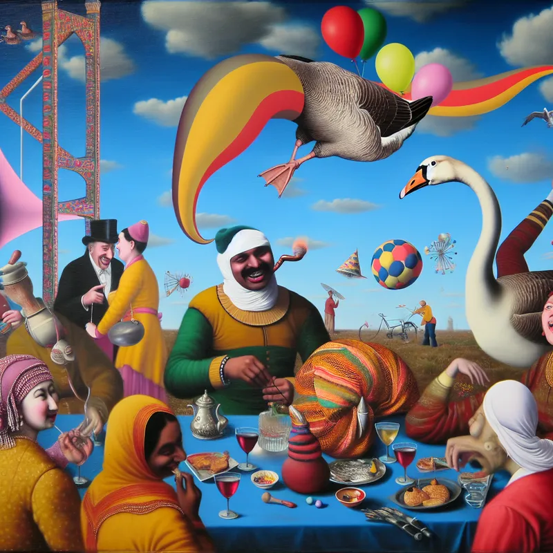 Persoon in een feestsetting, die als een gans gedraagt, omringd door lachende vrienden en kleurrijke decoraties.