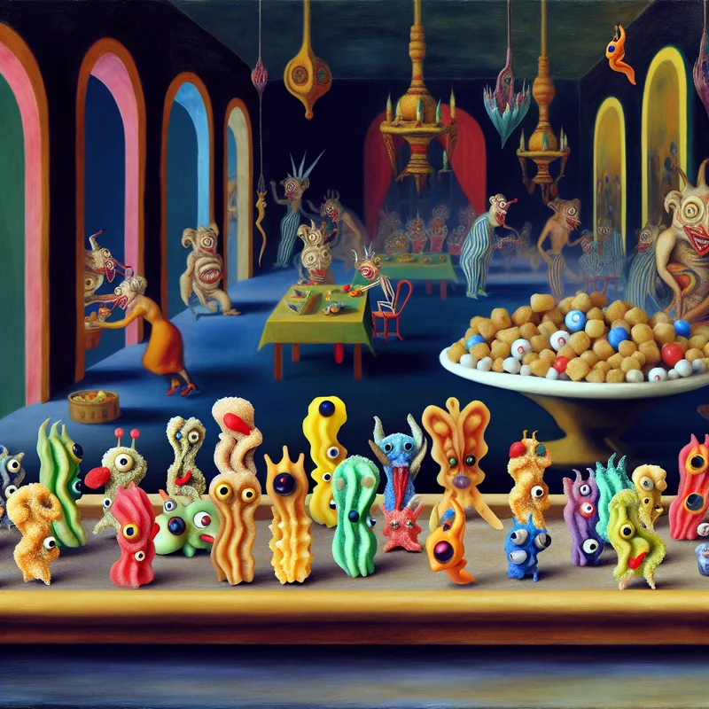 Een surrealistische feesttafel vol met fantasierijke, kleine zoute snacks in de vorm van mythische wezens.