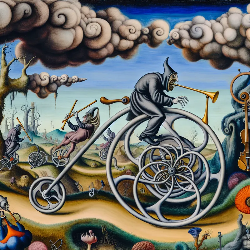 Surrealistische afbeelding van een fantasierijke fiets met grote pedalen, omringd door bizarre wezens en muziekinstrumenten in een vreemde landschap.