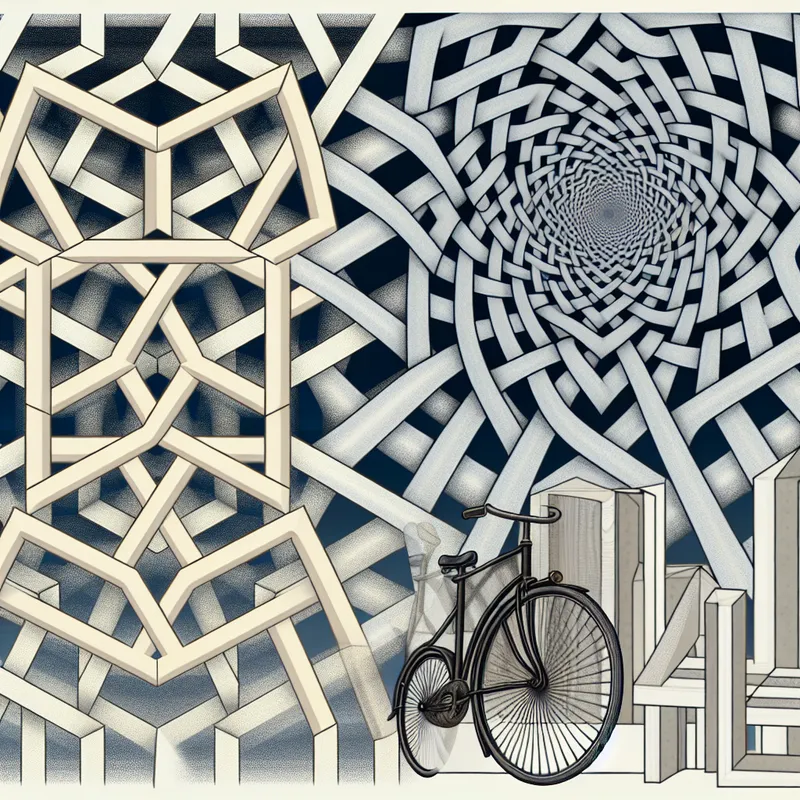 Een surrealistisch beeld van een fiets die verdwijnt in een abstract geometrisch patroon, omringd door uitdagende schilderachtige vormen in de stijl van M.C. Escher.