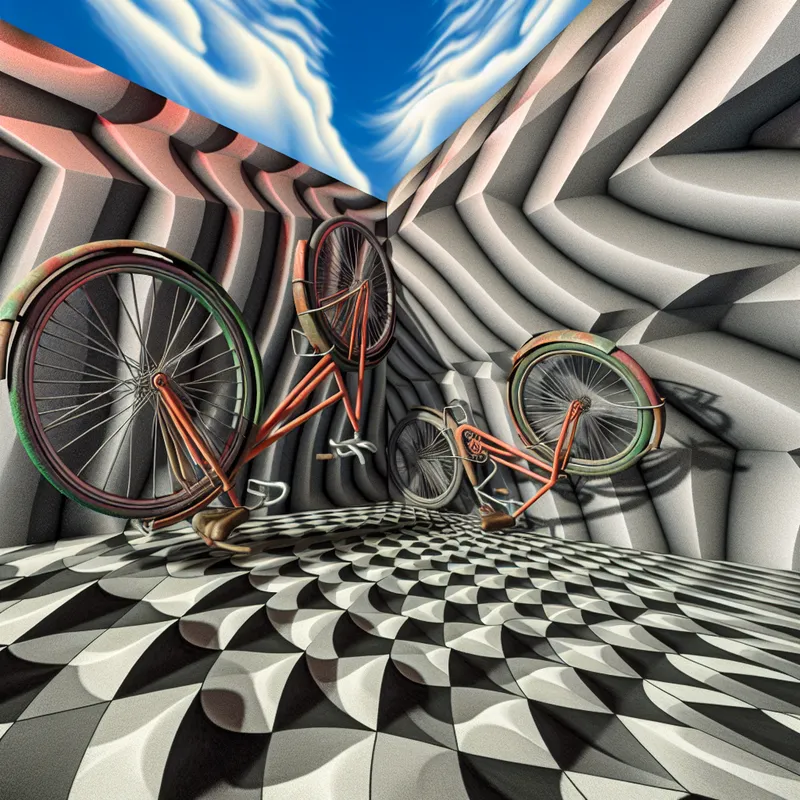 Twee identieke fietsen in een surrealistisch geometrisch landschap met een vervormde muur, indrukwekkende lucht en ingewikkelde patronen op de grond.