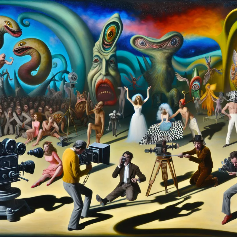 Een surrealistisch scène op een filmset met diverse acteurs en actrices omringd door bizarre wezens en enorme camera's, onder een vreemde lucht.
