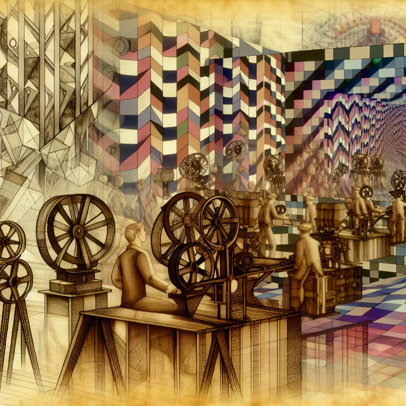 Surrealistische filmset met wetenschappers die een experiment opnemen te midden van geometrische vormen en illusies