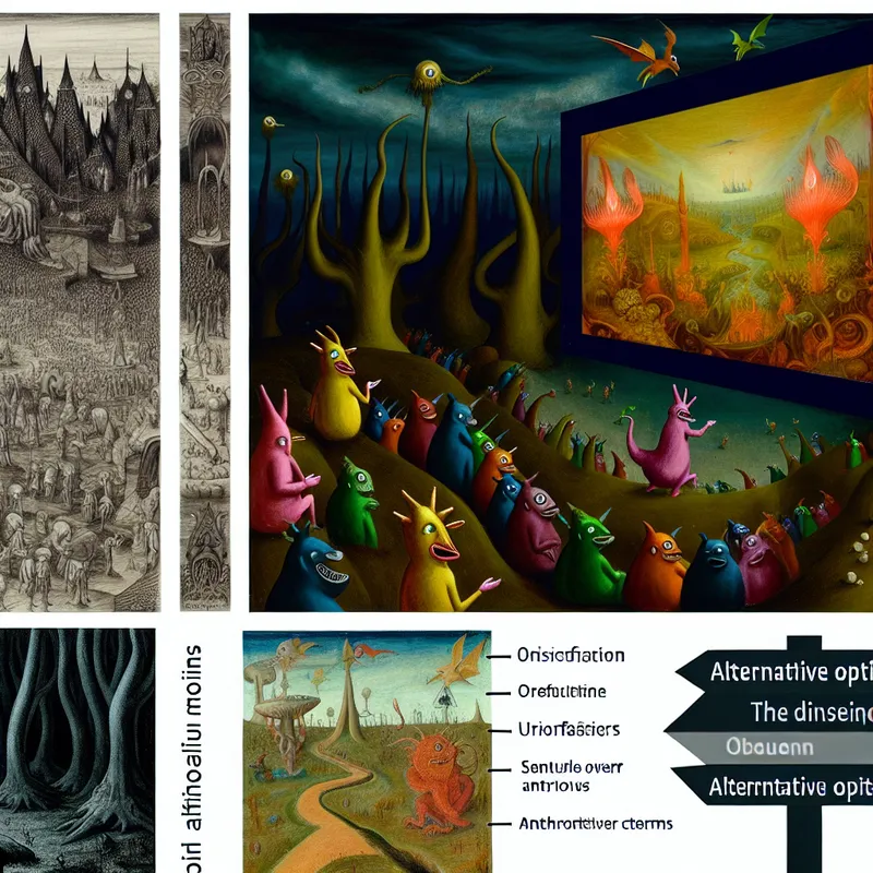 Surrealistische filmvertoning met bizarre wezens in een donkere, fantasierijke omgeving geïnspireerd door Hieronymus Bosch.