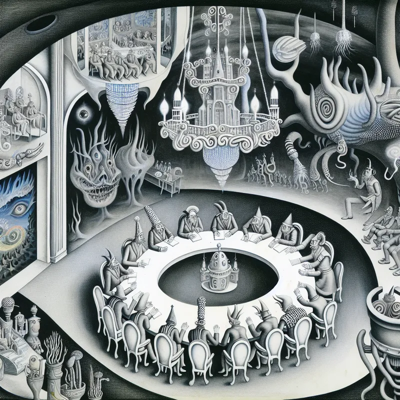 Een surrealistische afbeelding van een formele vergadering met bizarre wezens die in formele kleding zijn gekleed en intens met elkaar in gesprek zijn.