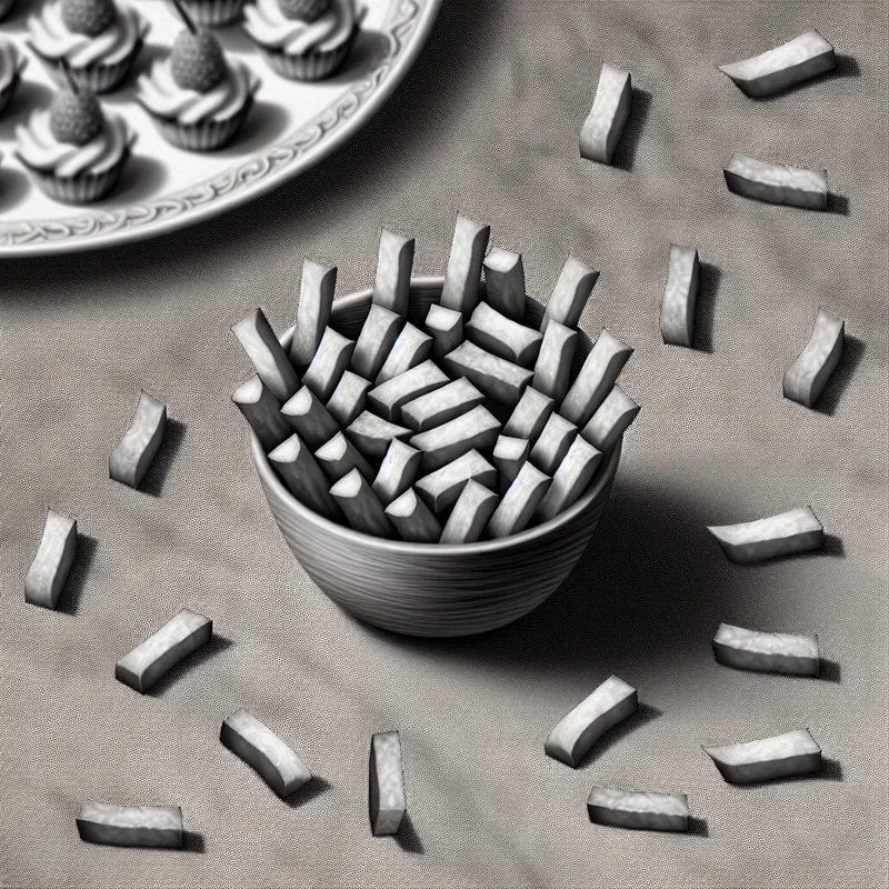 Een surrealistische afbeelding van een klein bord met frietjes, artistiek gerangschikt in een geometrisch patroon.