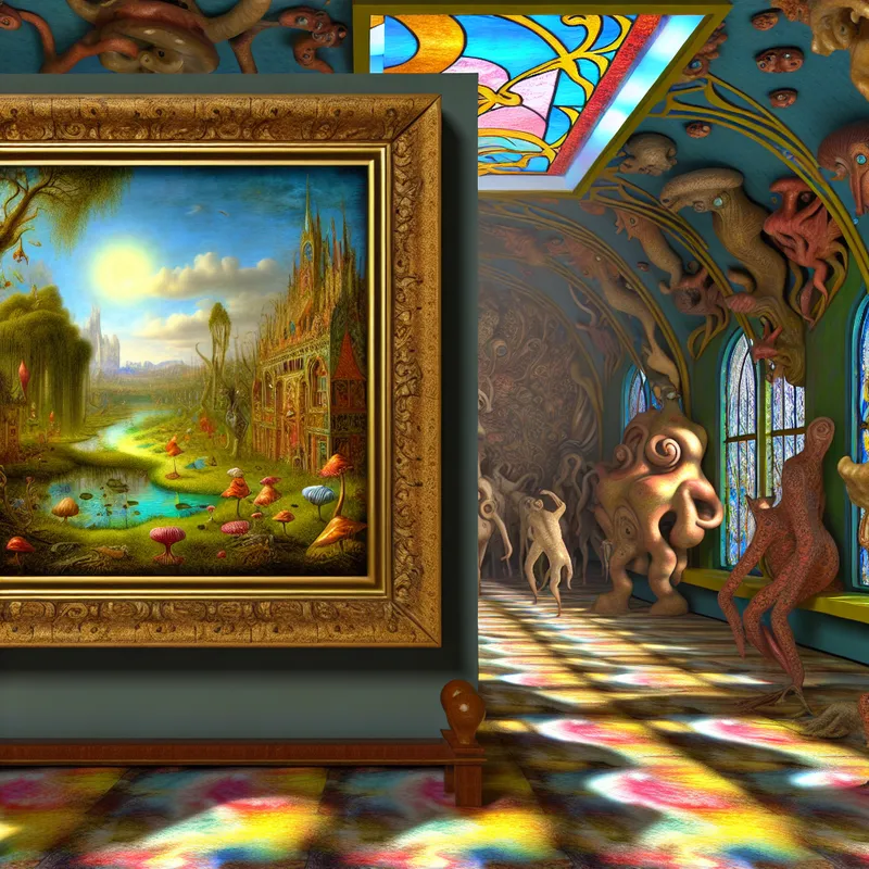 Surrealistische galerijscène met vreemde wezens die achter een groot ingelijste foto van een idyllisch landschap kijken.