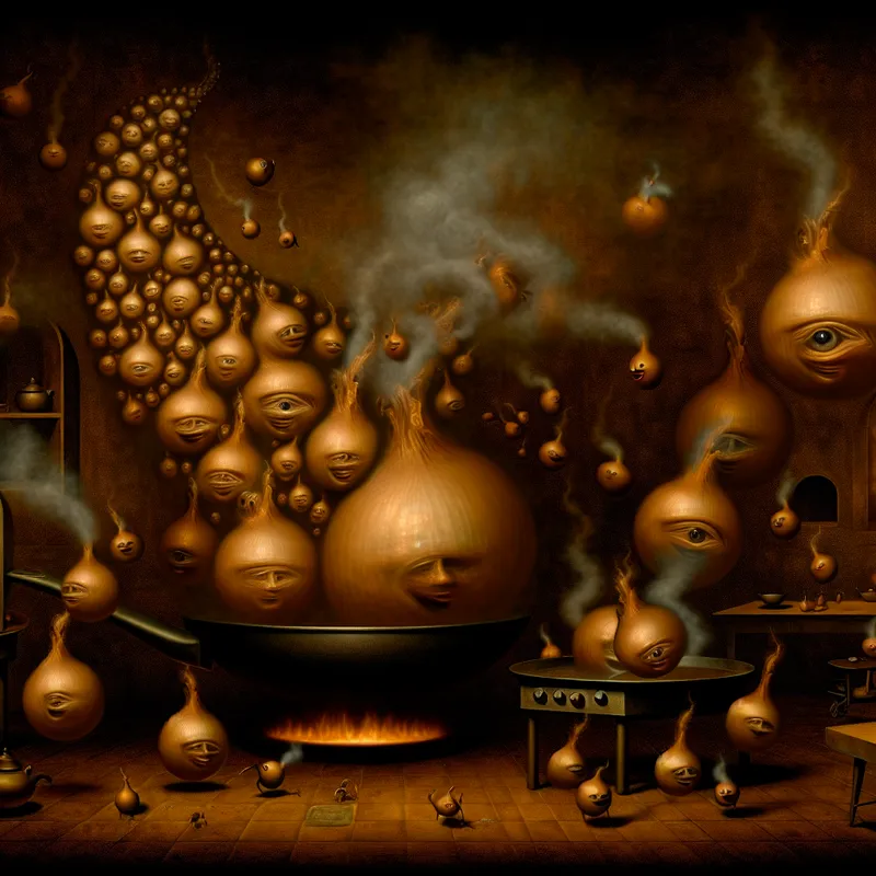 Surrealistisch keukentafereel met een grote braadpan waarin gouden uien veranderen in mensachtige vormen, omringd door mysterieuze wezens en dromerige details in de stijl van Hieronymus Bosch