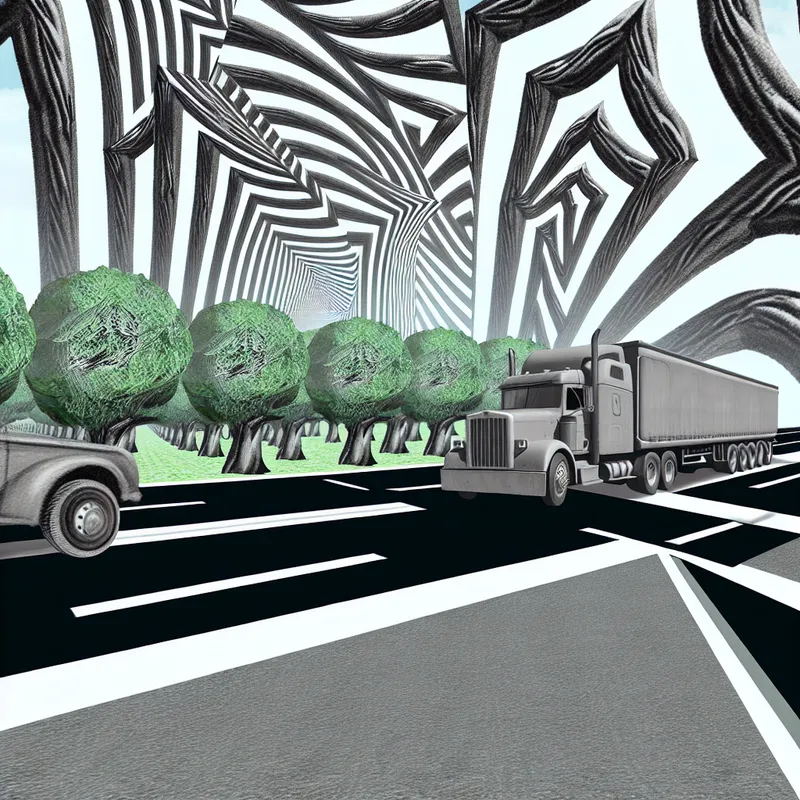 Surrealistische afbeelding van een smalle weg geblokkeerd door een vervormde vrachtwagen, omgeven door kromme bomen met chaotische wortels.