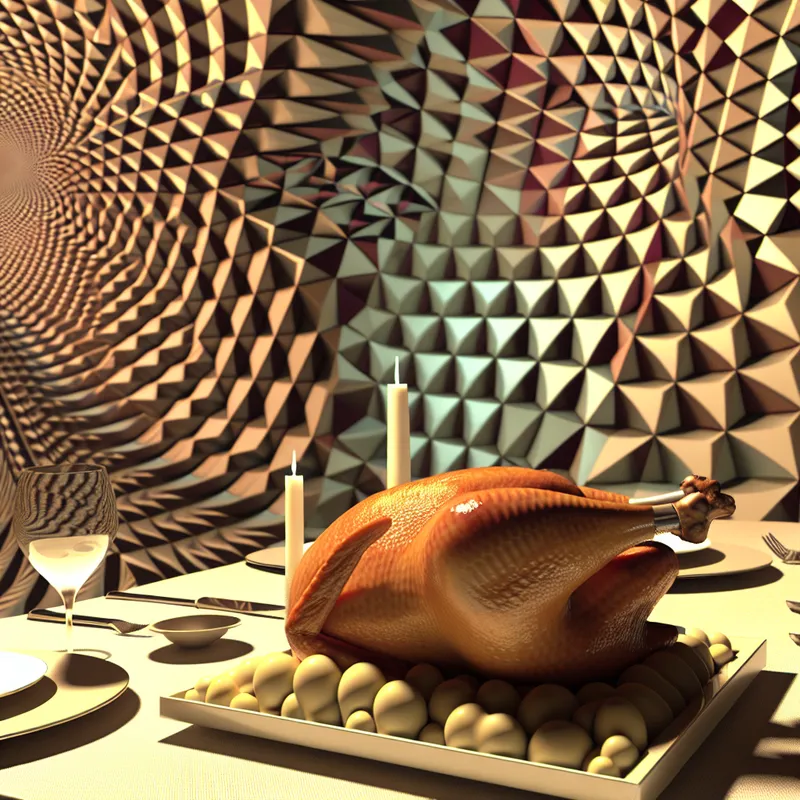 Een surrealistisch tafereel met een majestueuze gebraden gans op een prachtig gedekte tafel, omgeven door geometrische patronen.