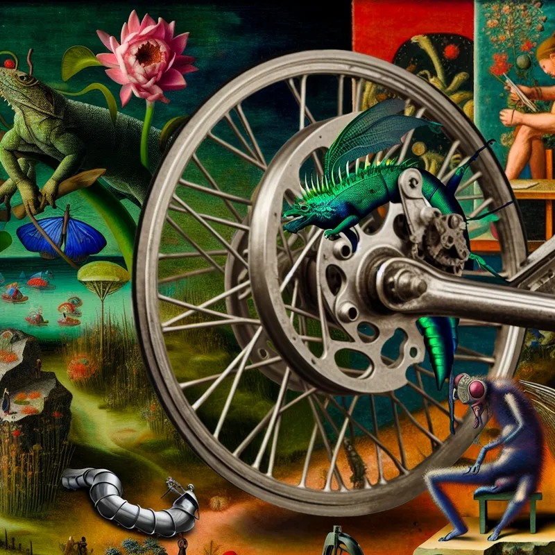 Een surrealistisch beeld van een gebroken fiets met beschadigde wielen in een fantasierijk landschap.