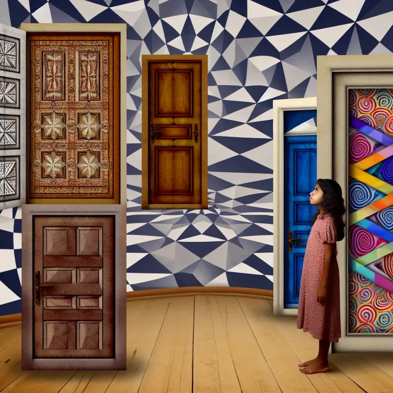 Een jonge meisje in een surrealistische kamer vol abstracte geometrische vormen en patronen terwijl ze naar twee zwevende deuren kijkt.