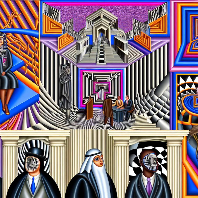 Surrealistische weergave van een balije met een architectonische structuur en diverse figuren die discussiëren