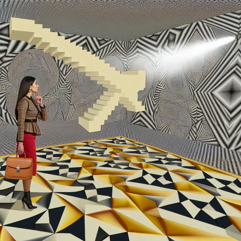 Vrouw zet haar tas neer op een prachtig patroon in een surrealistische geometrische kamer.