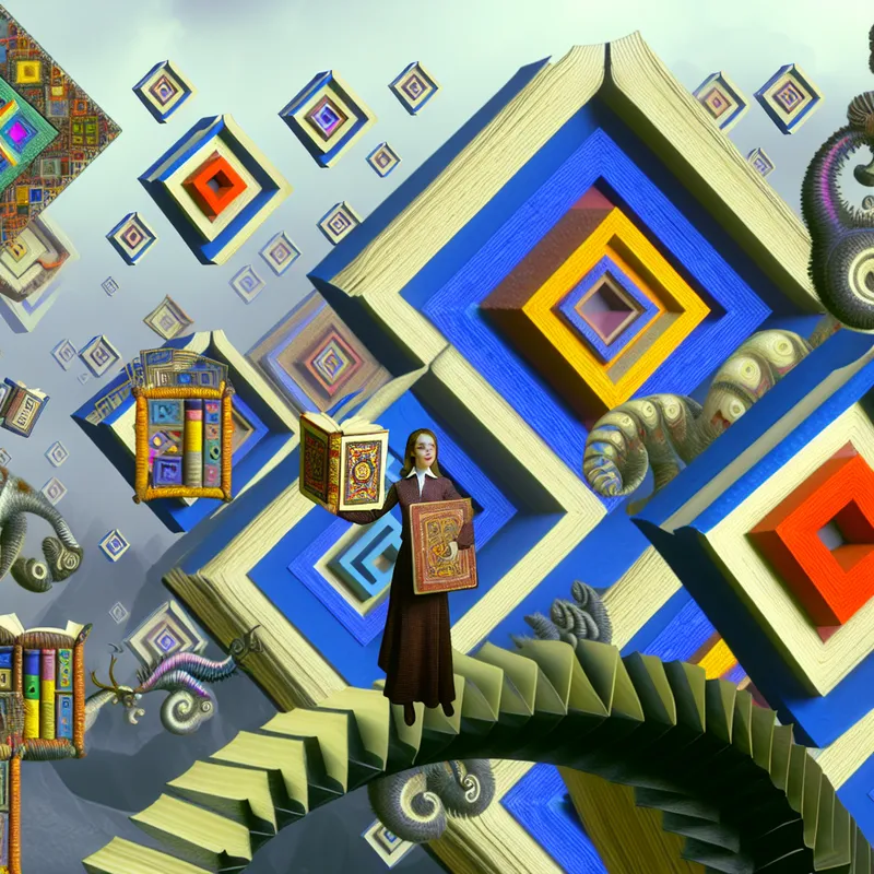 Een vrouw staat in een surrealistische geometrische markt vol optische illusies en vreemde vormen, terwijl ze een boek vasthoudt dat symbool staat voor ruilen en waarde.