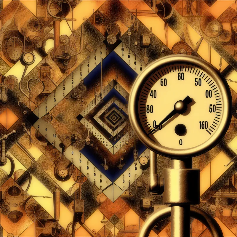 Surrealistisch geometrisch beeld van een drukmeter met de wijzer op nul, omringd door ingenieuze patronen van meetinstrumenten zoals thermometers en klokken.