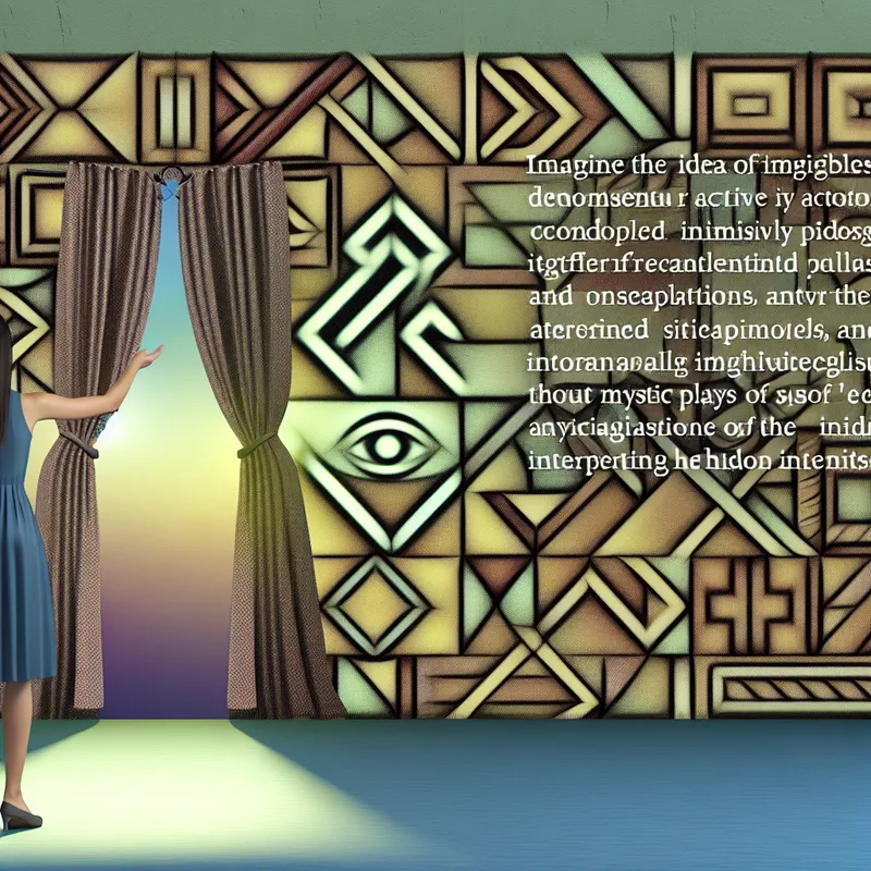 Een persoon staat voor een ingewikkeld ontworpen gordijn dat deels is opgetrokken, onthullend een complexe patronen die verborgen inzichten symboliseren.