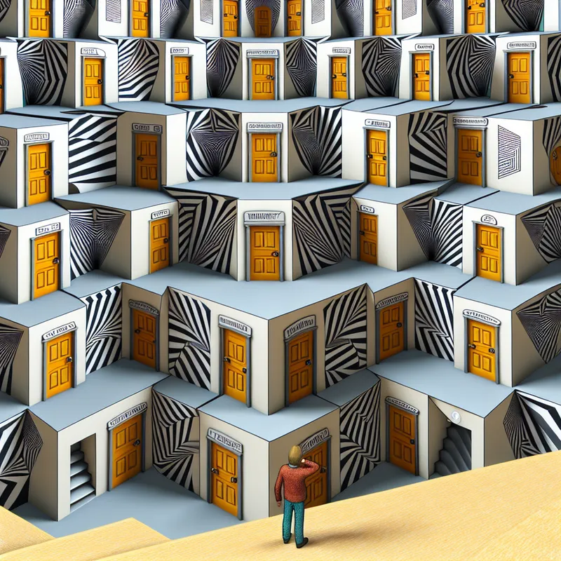 Een surrealistisch geometrisch tafereel met een wenteltrap en verschillende deuren die vragen voorstellen, zoals 'Welk meisje?' en 'Welk soort muziek?'.