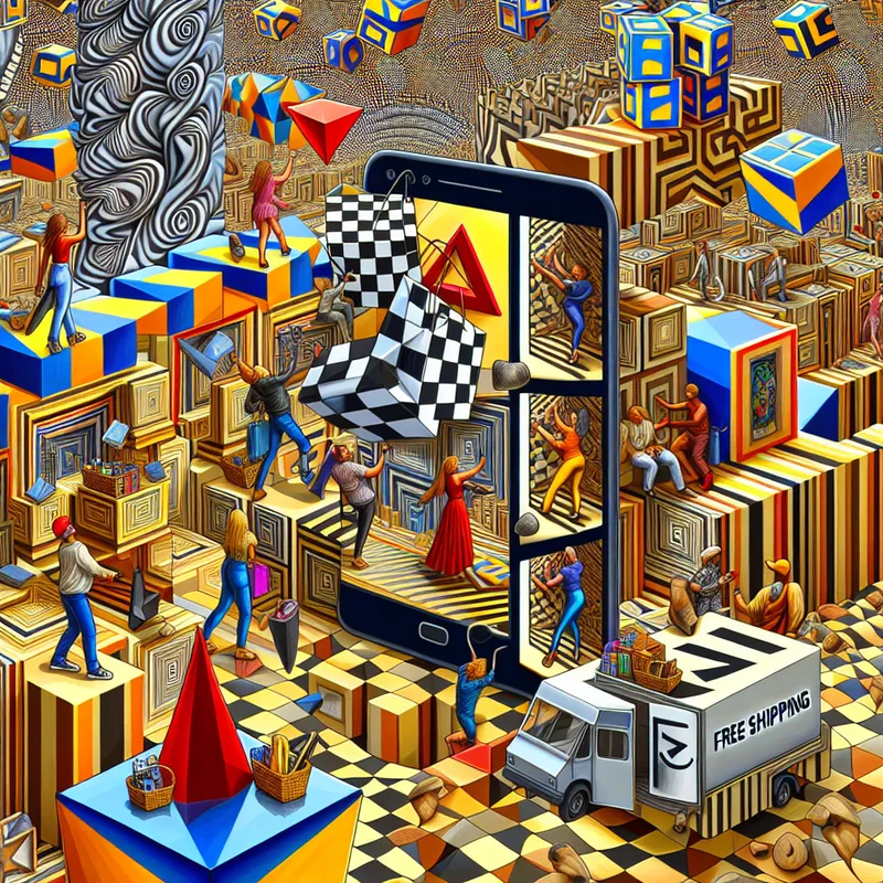 Een surrealistisch geometrisch beeld van een drukke online webshop met een smartphone en drijvende producten zoals kleding en elektronica.