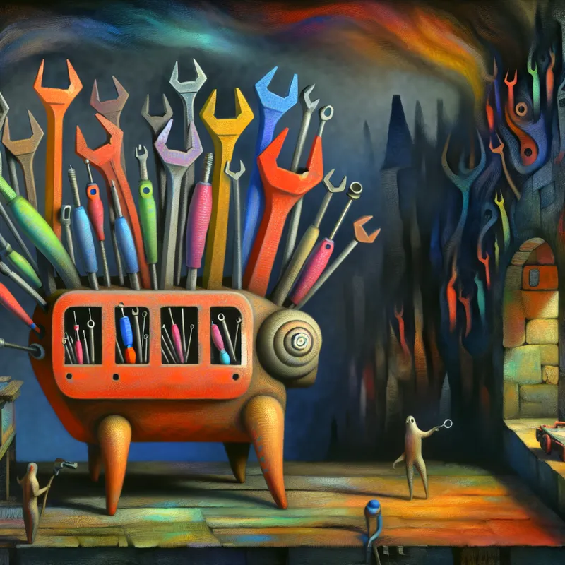 Een surrealistische afbeelding van een fantasierijke gereedschaphouder met meerdere armen die kleurrijke gereedschappen vasthouden in een mysterieuze workshop.