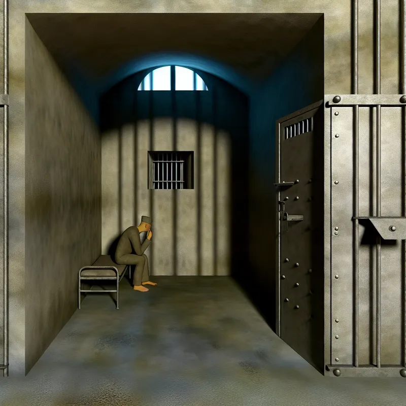 Een eenzame gevangene zit in een donkere, hyperrealistische gevangeniscel met dikke betonnen muren en een klein tralievenster, in surrealistische stijl van Carel Willink