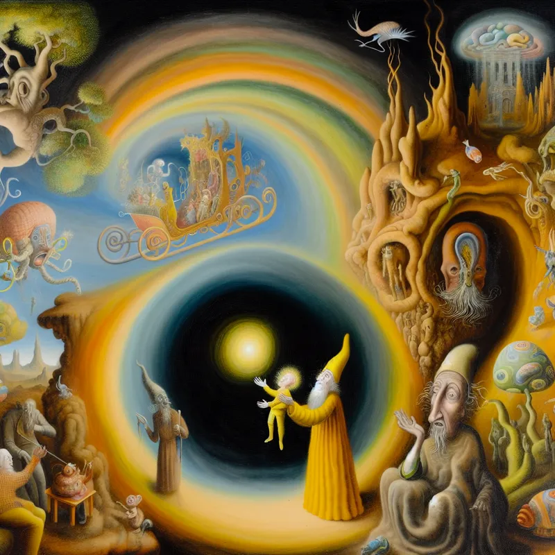 Een surrealistische afbeelding van een fantasiefiguur die een uitnodiging overhandigt aan een klein, vreemd wezen, met bizarre achtergronden vol vreemde wezens en landschappen.