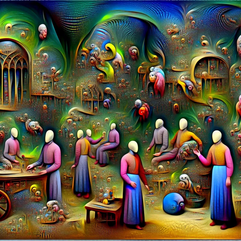 Een surrealistische afbeelding van faceless figuren in een kleurrijke, andere wereld met bizarre creaturen en vreemde plantaardige structuren.