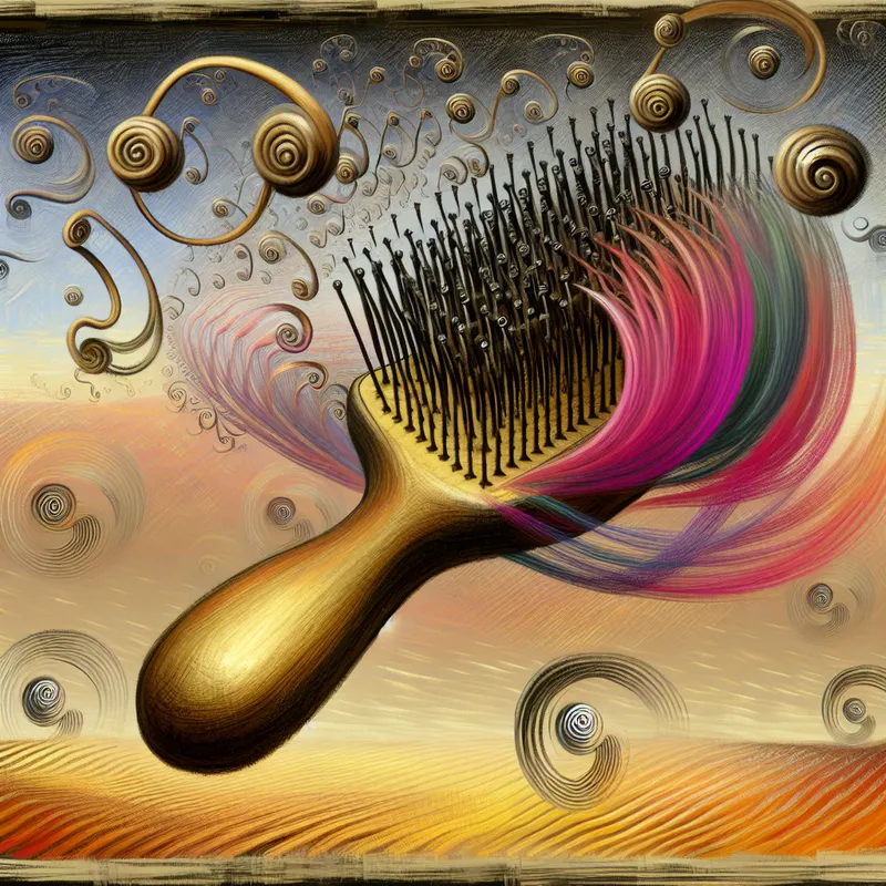 Surrealistische afbeelding van een drijvende haarborstel omringd door vloeiende haardos die verandert in geometrische vormen.