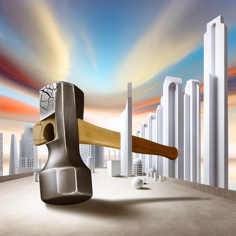 Een hyper-realistisch beeld van een onwaarschijnlijk grote hamer met een gebroken hoef, tegen een achtergrond van monumentale architectuur.