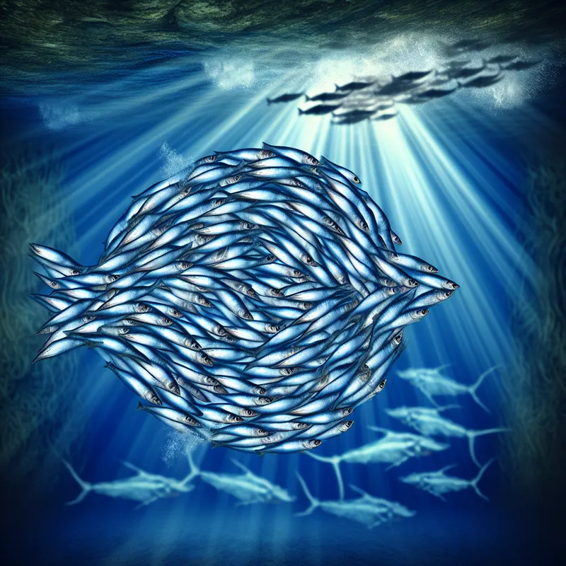 Surrealistische afbeelding van haringzwerm in oceaan