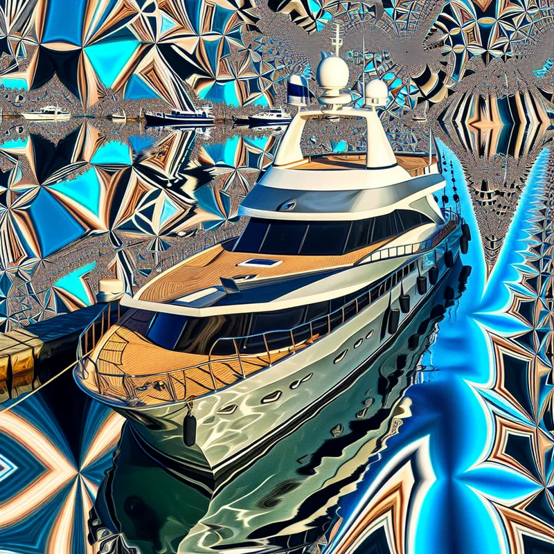 Een luxe jacht in een surrealistische haven, omringd door ingewikkelde geometrische patronen.