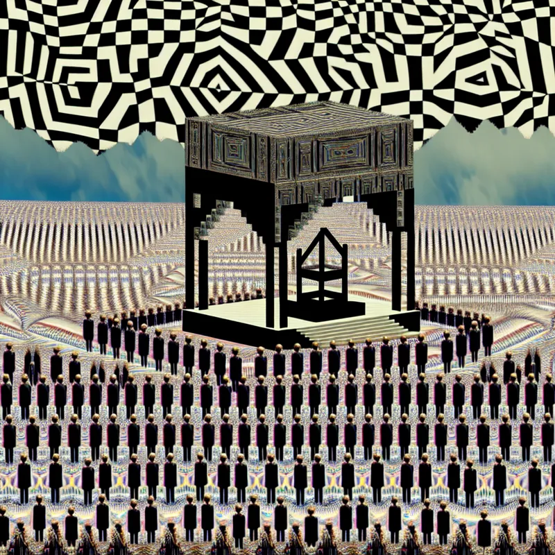 Surrealistisch en geometrisch beeld van een historische terechtstelling met een stylized executieplatform en een complexe menigte van toeschouwers.