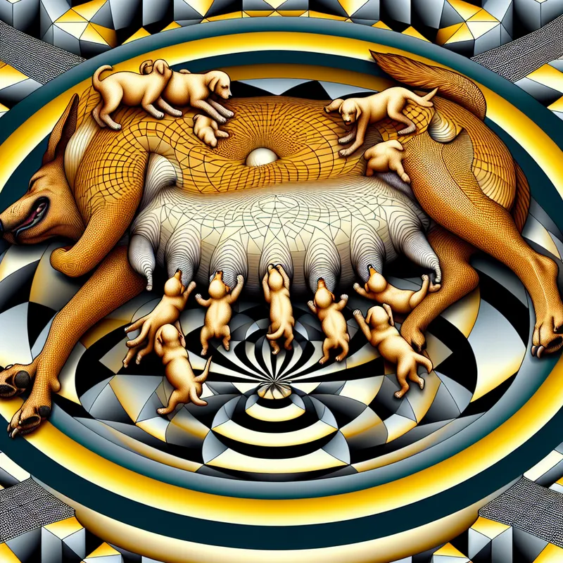 Surrealistische afbeelding van een hond met geometrisch geordende tepels, omringd door speelse pups op een cirkelvormig platform.