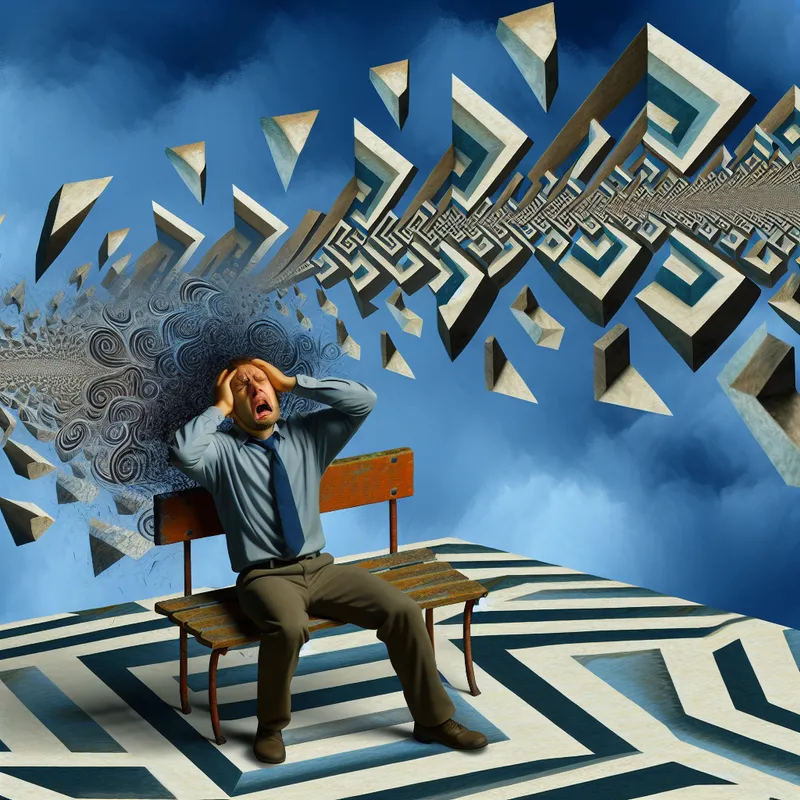 Surrealistisch beeld van een persoon op een bank, overweldigd door abstracte representaties van een constante hoofdpijn met geometrische patronen.