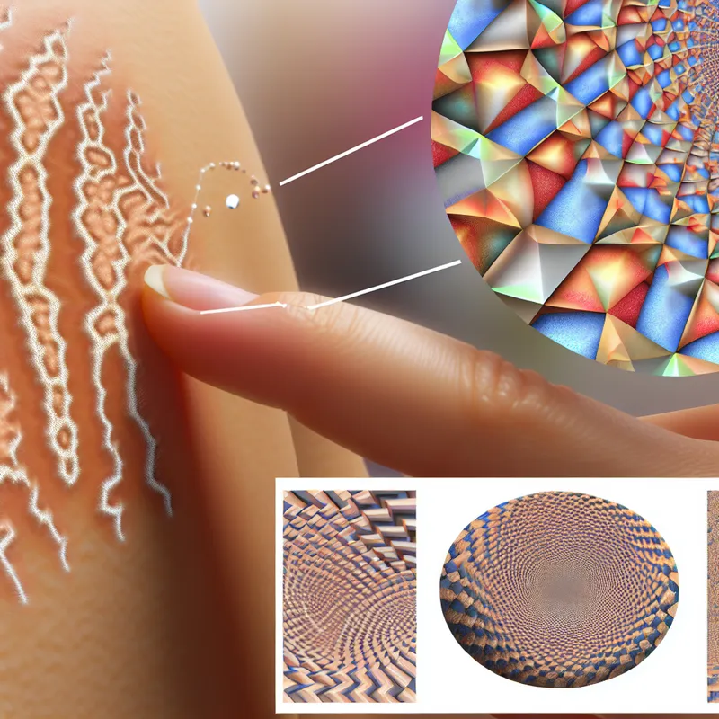 Close-up van een surrealistische huid met geometrische vormen en poriën die naar een intrigerende binnenwereld leiden.