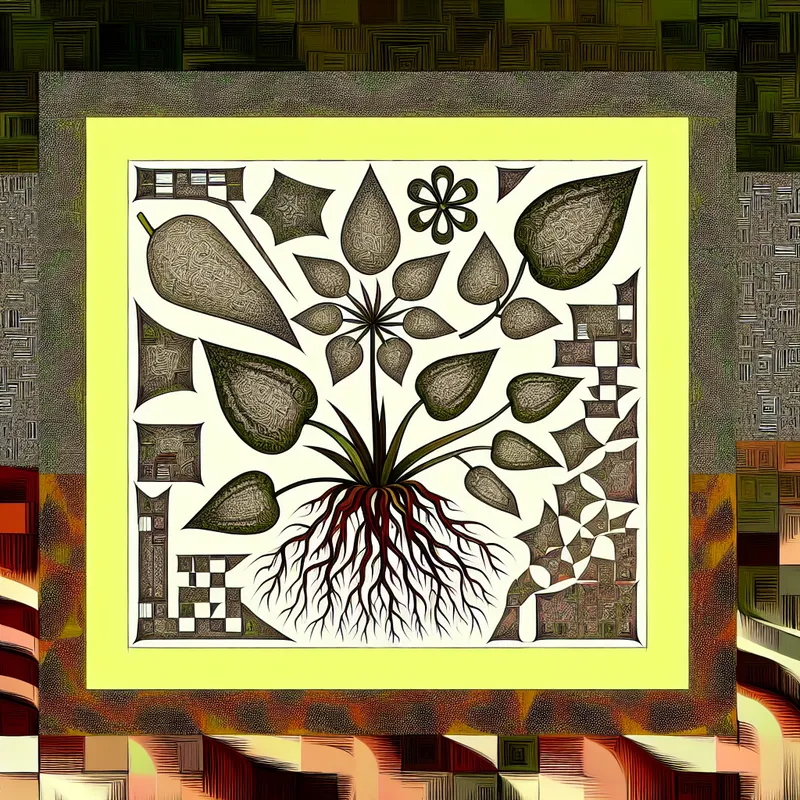 Een surrealistisch beeld van een plant die verschillende delen zoals bladeren, wortels en bloemen toont als geometrische vormen in een optische illusie.