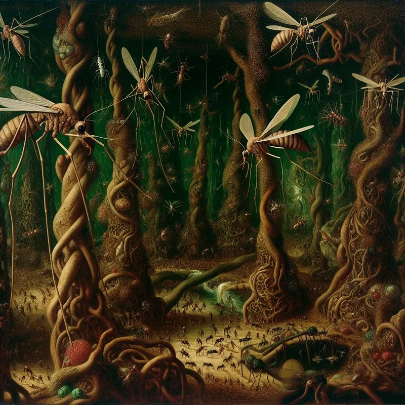 Surrealistisch schilderij in de stijl van Jheronimus Bosch van een overwoekerde tuin vol groteske insecten zoals reusachtige muggen en mieren, symboliserend een plaag